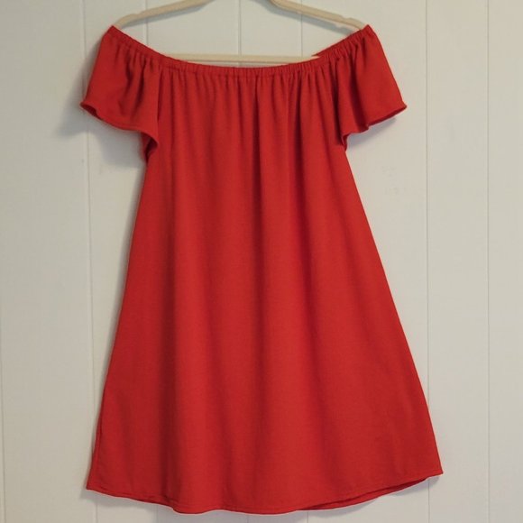 ❣️HP❣️Summer orange on or off elastic shoulder simple midi summer dress Sz: M - Picture 3 of 5